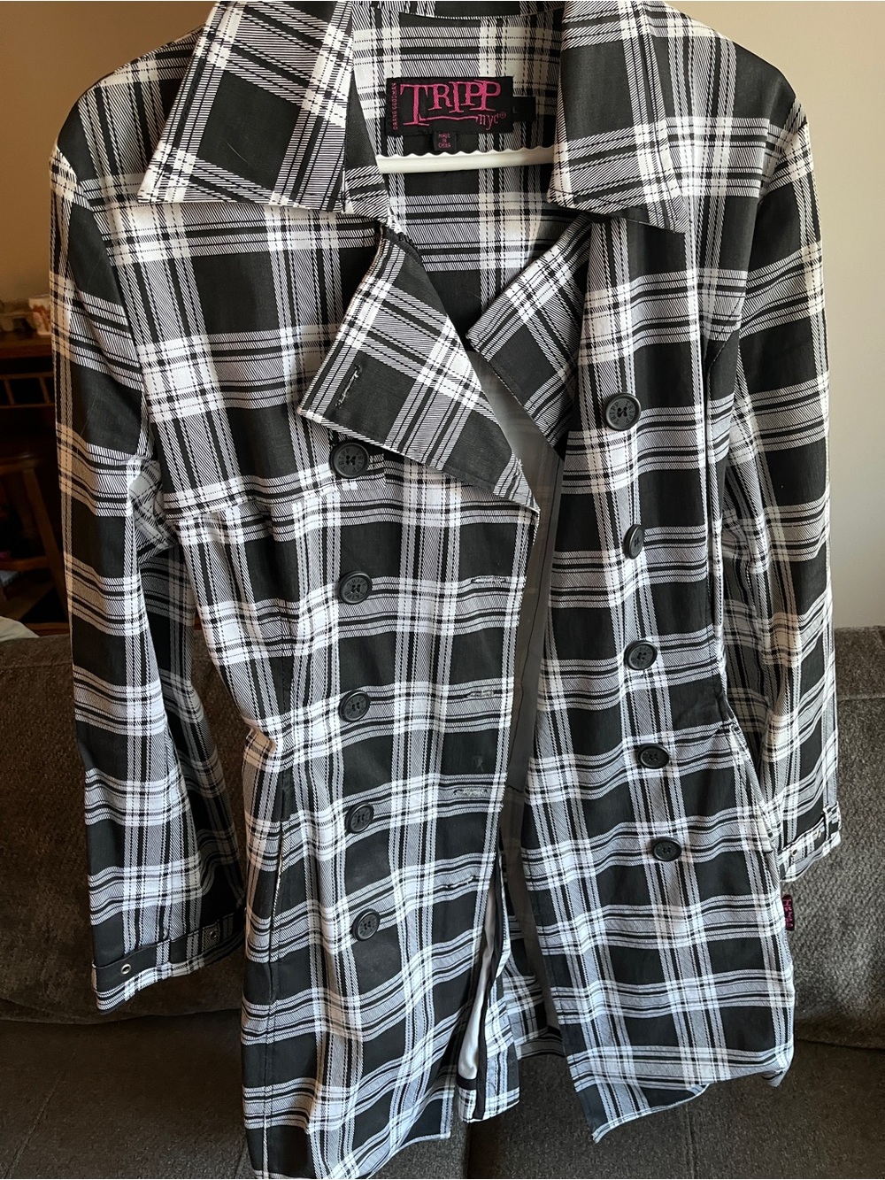 Tripp NYC Black & White Plaid Double-Breasted Trench